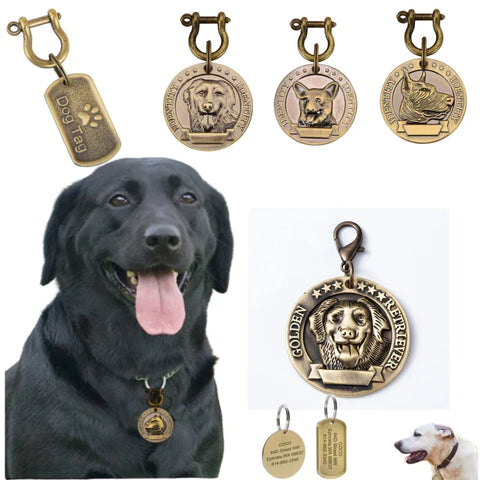 Personalized pet ID tags displayed with a happy black Labrador retriever wearing a tag, featuring various designs and colors.