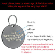 Personalized pet ID tag showing engraving area and instructions for name, address, and phone information placement.