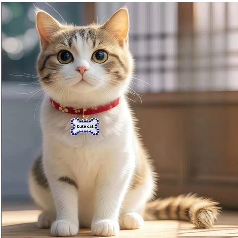 A cute cat wearing a personalized ID tag with the text 'Cute cat', sitting indoors with a red collar.