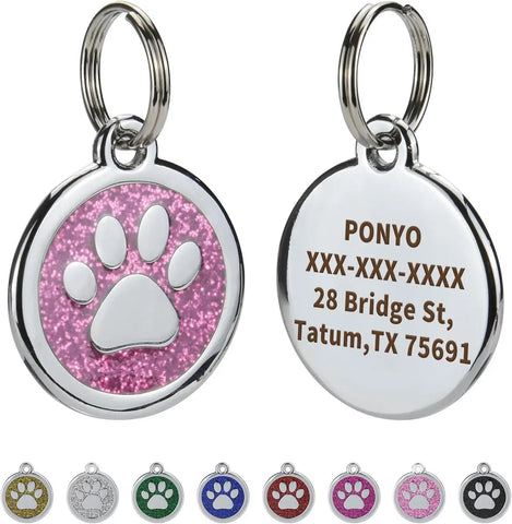Metal pet ID tag with paw shape and custom text