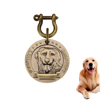 Personalized pet ID tag with a golden dog silhouette and a sturdy clip, ideal for pet identification.