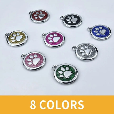 Metal pet ID tag with paw shape and custom text