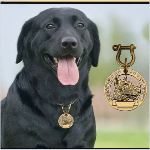 A happy black Labrador retriever wearing a personalized pet ID tag with an engraved dog design.