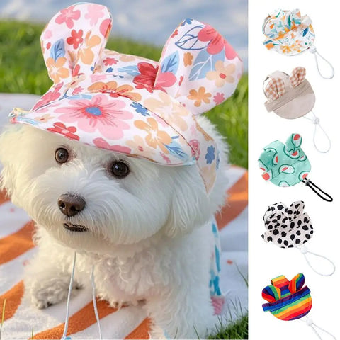 Cat wearing flower stripe bucket hat