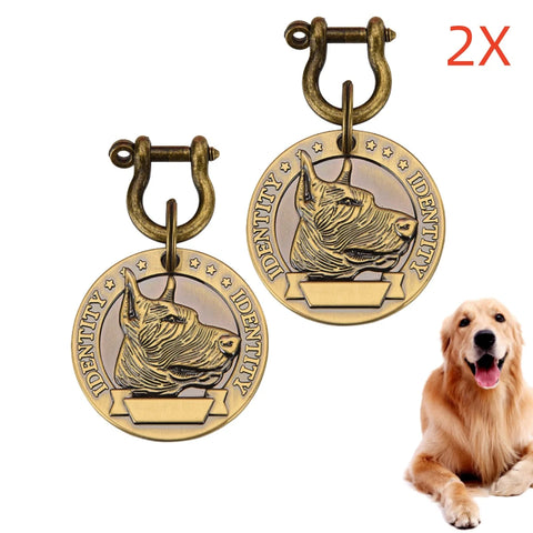 Set of two personalized pet ID tags featuring dog design, perfect for ensuring pet safety and identification.