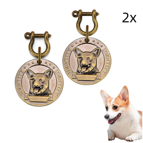 Set of two personalized pet ID tags featuring dog design, perfect for ensuring pet safety and identification.