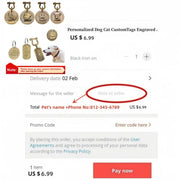 Image of personalized dog and cat custom tags engraved, showcasing various designs and delivery options for pet ID tags.